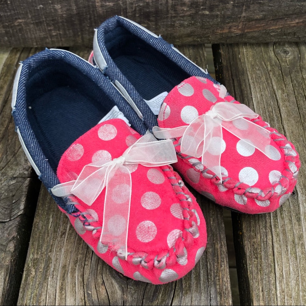 Girls Suede/Denim Polka-Dot Moccasin Slippers! NEW! - Picture 6 of 8